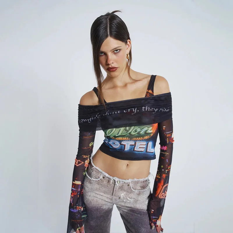 

Gothic Black Mesh Graphic Print Long Sleeve Crop Top Club Party Outfits For Women 2023 Summer Off Shoulder Bodycon Fashion Top