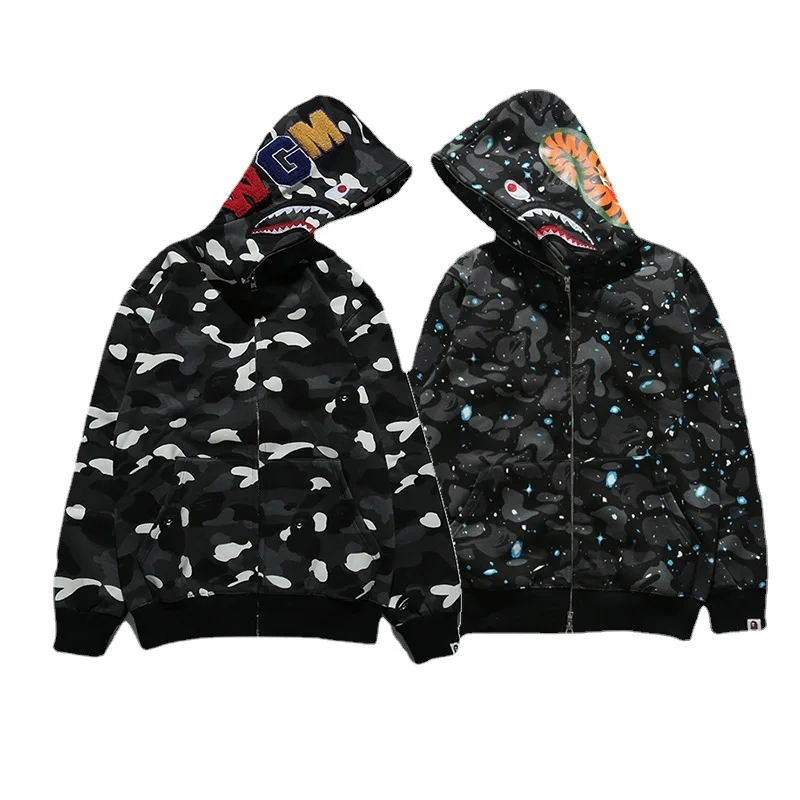

New Men'S Tide Brand Casual Shark Embroidery Luminous Camouflage Fleece Hooded Sweater Men'S Full Zip Bape Hoodie