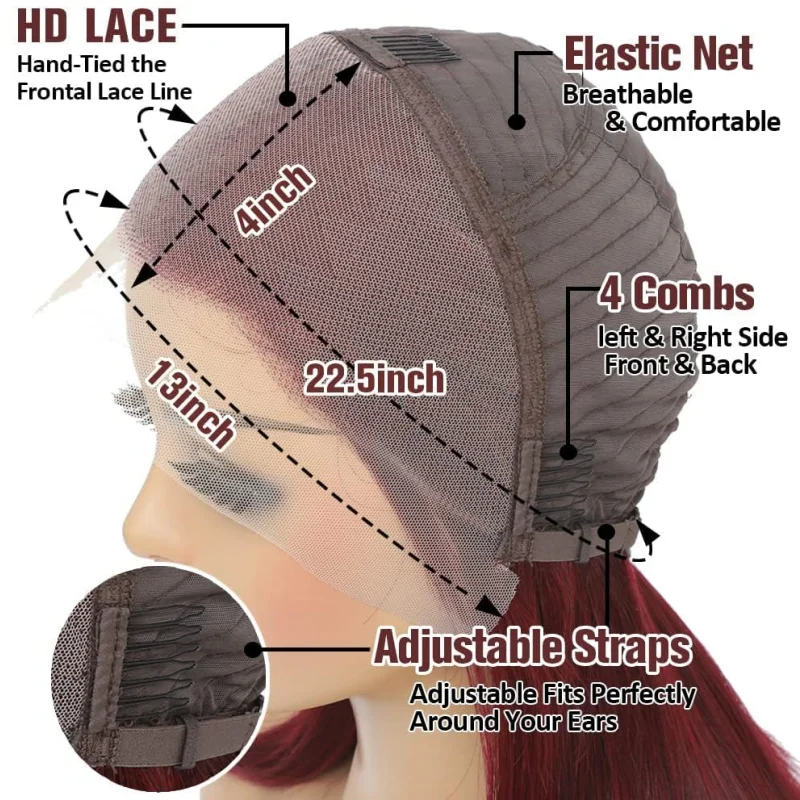 99J Бордовый Боб Парик Человеческих Волос 13x4 Прямые Парики Фронта Шнурка Короткий