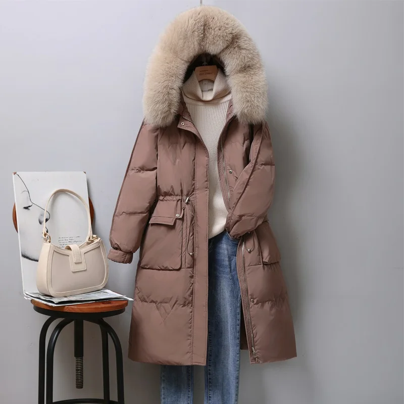 New Women Fox Fur Collar Long Down Jacket Casual Style Autumn Winter Coats And Parkas Female Outwear