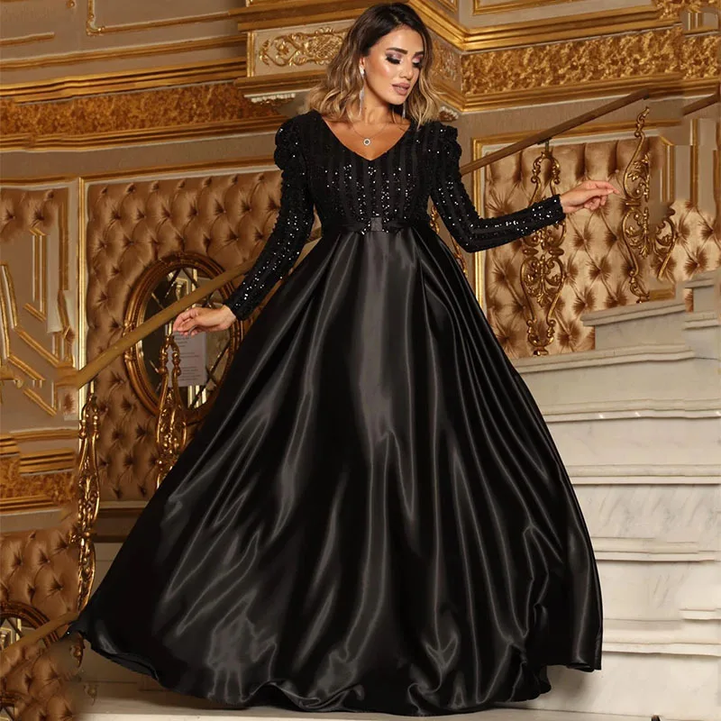Autumn Long Sleeve V Neck Sparkle Sequins Prom Dress Floor Length Evening Party Dress Large Swing Patchwork Satin Ball Gown