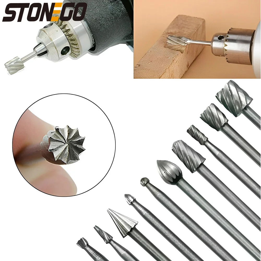 

STONEGO 1/8" Shank HSS Rotary File Burr Set - Woodworking, Carving, Engraving, Drilling - 3mm Burrs for DIY Projects