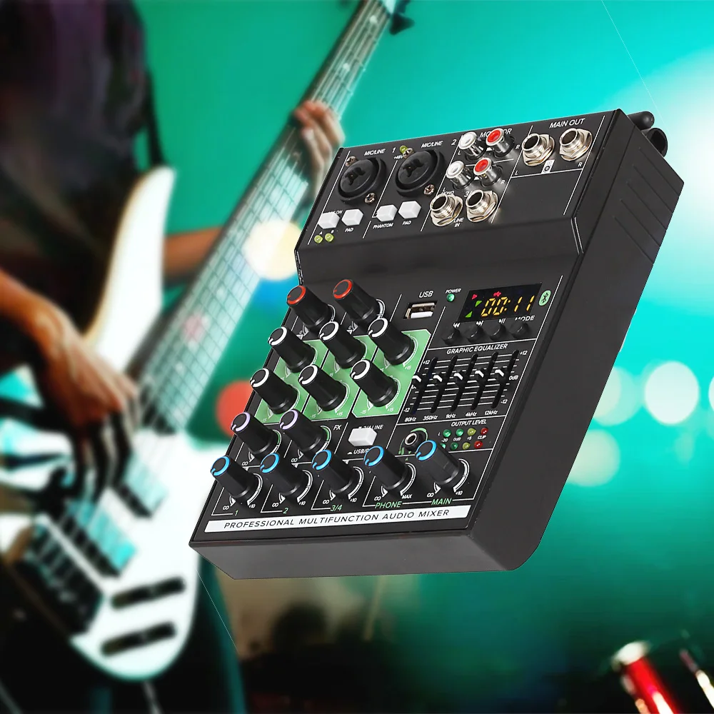 GT4 4 Channels Audio Mixer with1 Drag 2 Wireless Mics Mixing Console with Bluetooth USB Effect for DJ Karaoke PC Guitar - купить по