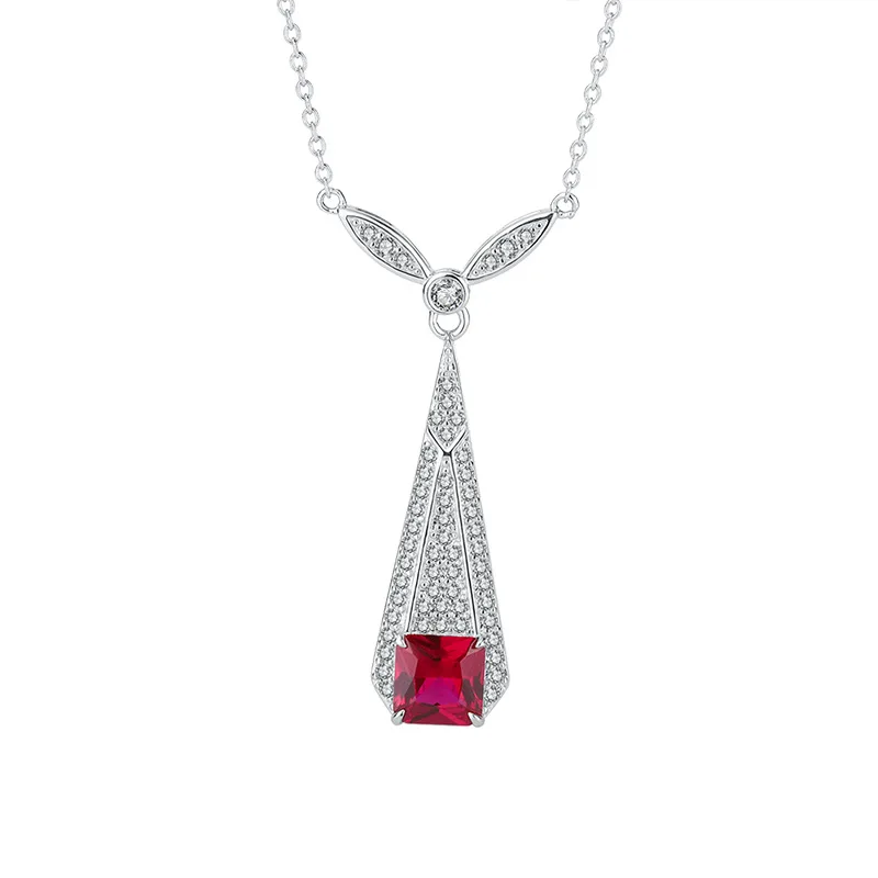

New fashion trend S925 silver inlaid 5A zircon pigeon blood ruby emerald full diamond inlaid necklace pendant