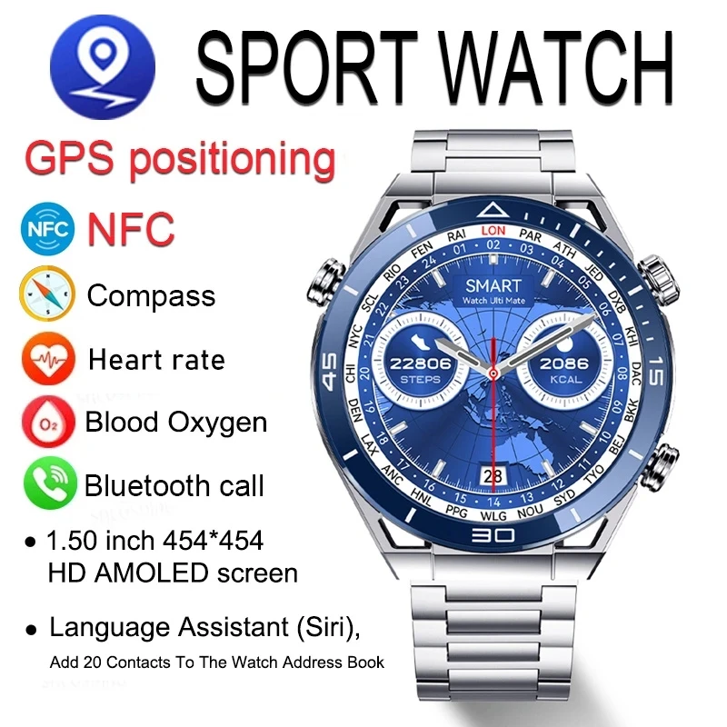 

2023 NFC Smart Watch Men BT Call Sport GPS Track Compass Watches 454*454 HD AMOLED Screen Heart Rate ECG Smartwatch For Huawei