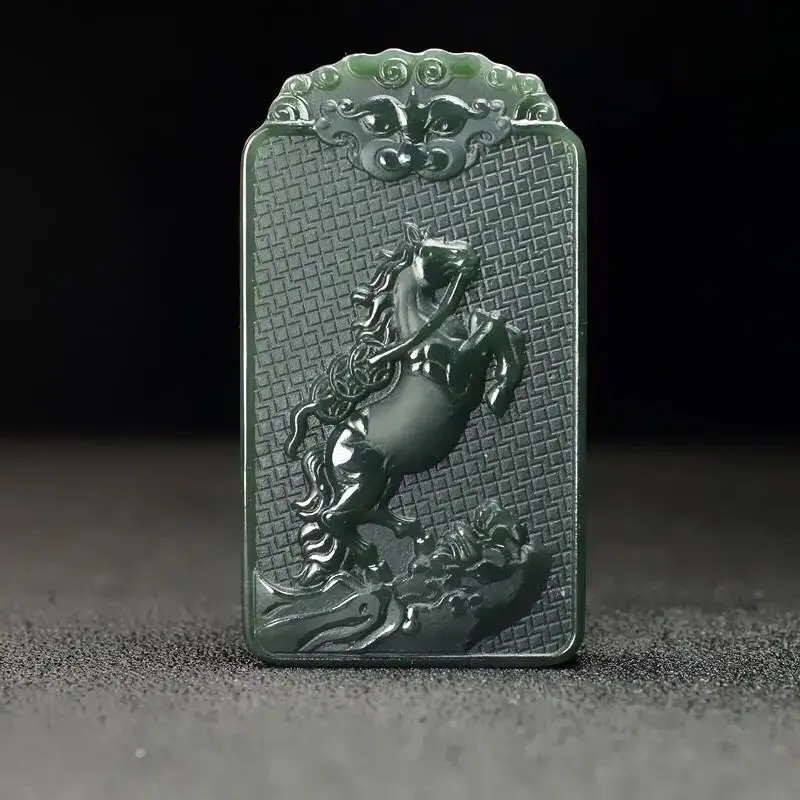 

New Natural Jade Carving Zodiac Horse Black Green Pendant Jadeite Charm Necklace Exquisite Jewelry Men Women with Chain
