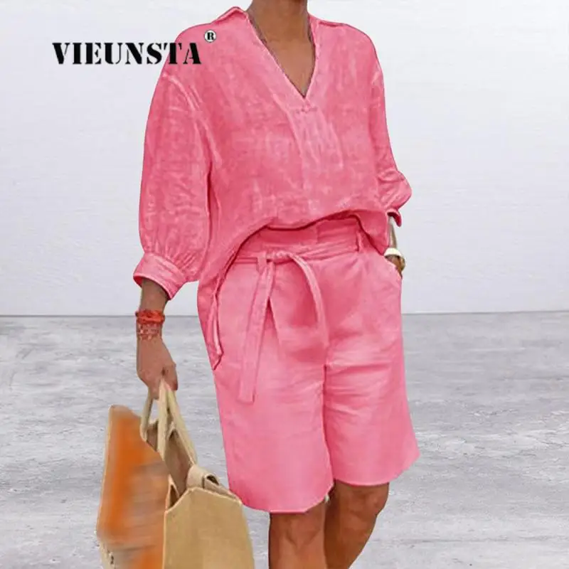 

Summer Cotton Linen Suit For Women's Suits Tracksuit Short Sleeve Blouse Loose Pants Set Female Casual Beach Ladies 2 Piece Sets