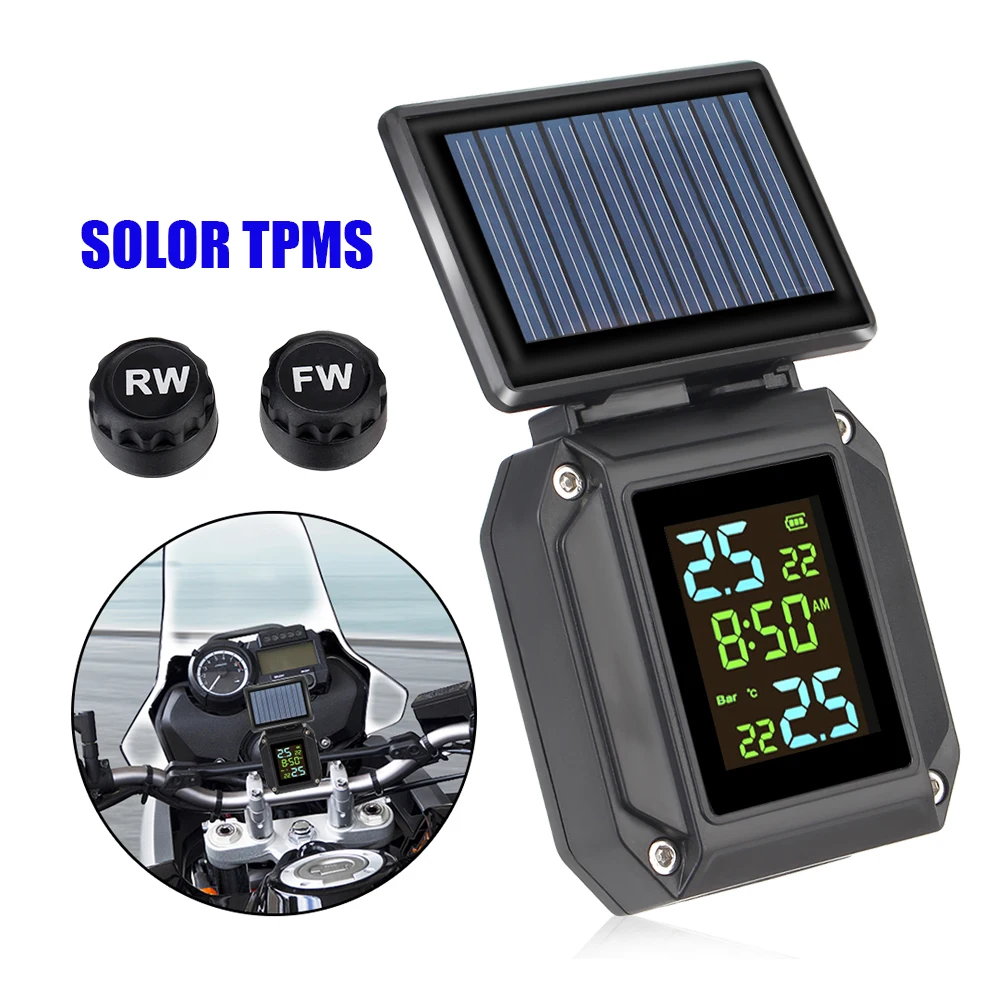 

Solor USB Charge LCD Display Tyre Temperature Alarm Motorcycle TPMS Wireless 2 External Sensors Tire Pressure Monitoring System