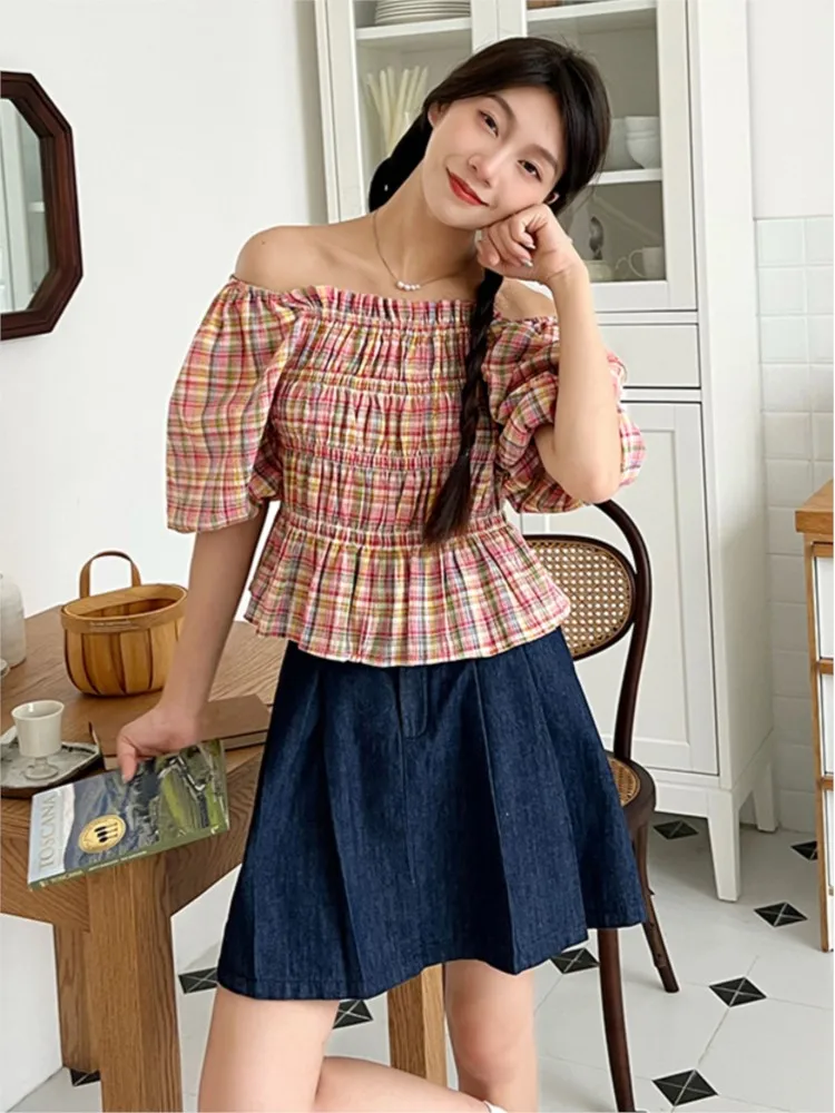 

2023 New T-shirt For Women Fashion Casual Cotton Linen Plaid Print Shirts&Blouses Summer Tops Elegant Sexy Off Shoulder Tees