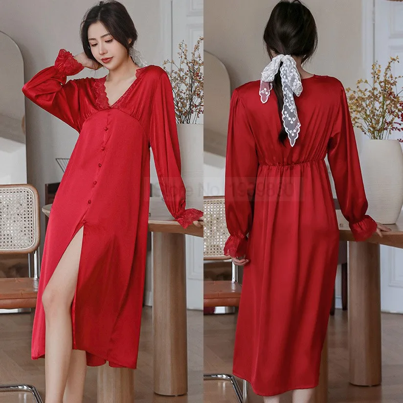 

Sleepwear For Women Satin Nightgown With Buttons Princess Style Nightdress V-Neck Sexy Kimono Dressing Gown Lace Trim Lingerie