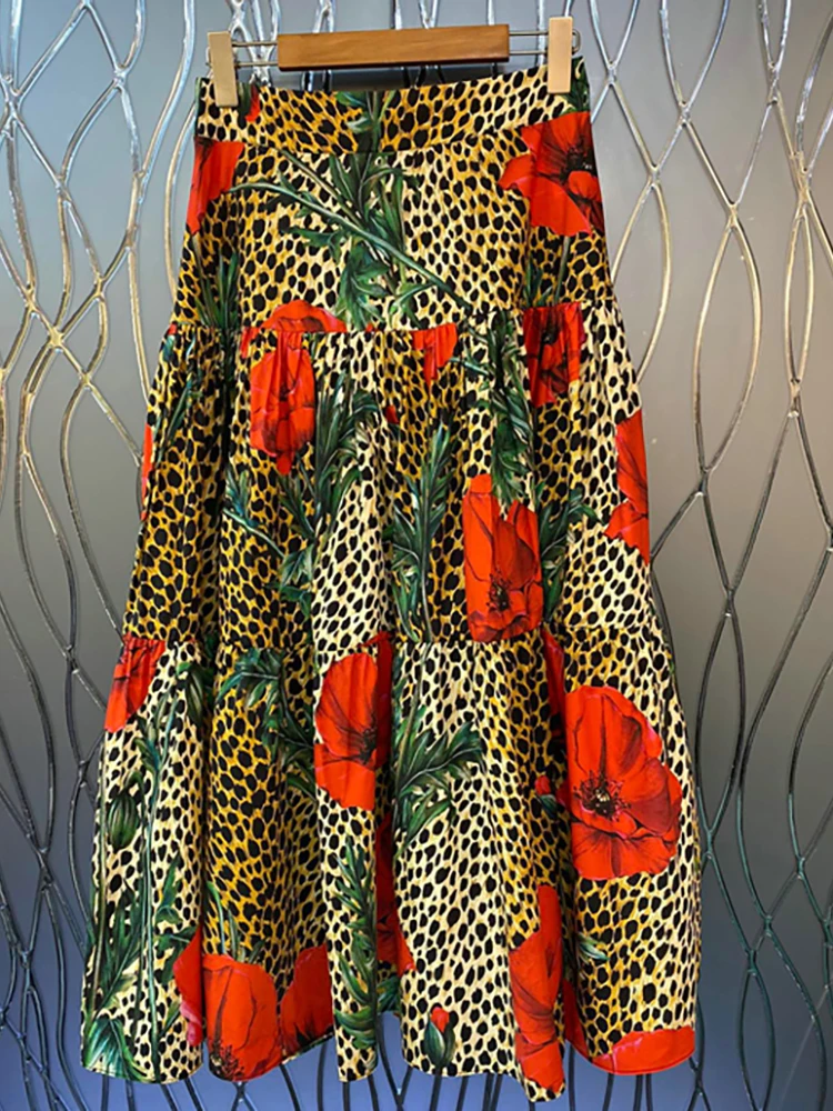 Delocah High Quality Summer Women Fashion Designer Skirts High Waist Leopard Floral Print Bottoms Cascading Midi Cotton Skirts