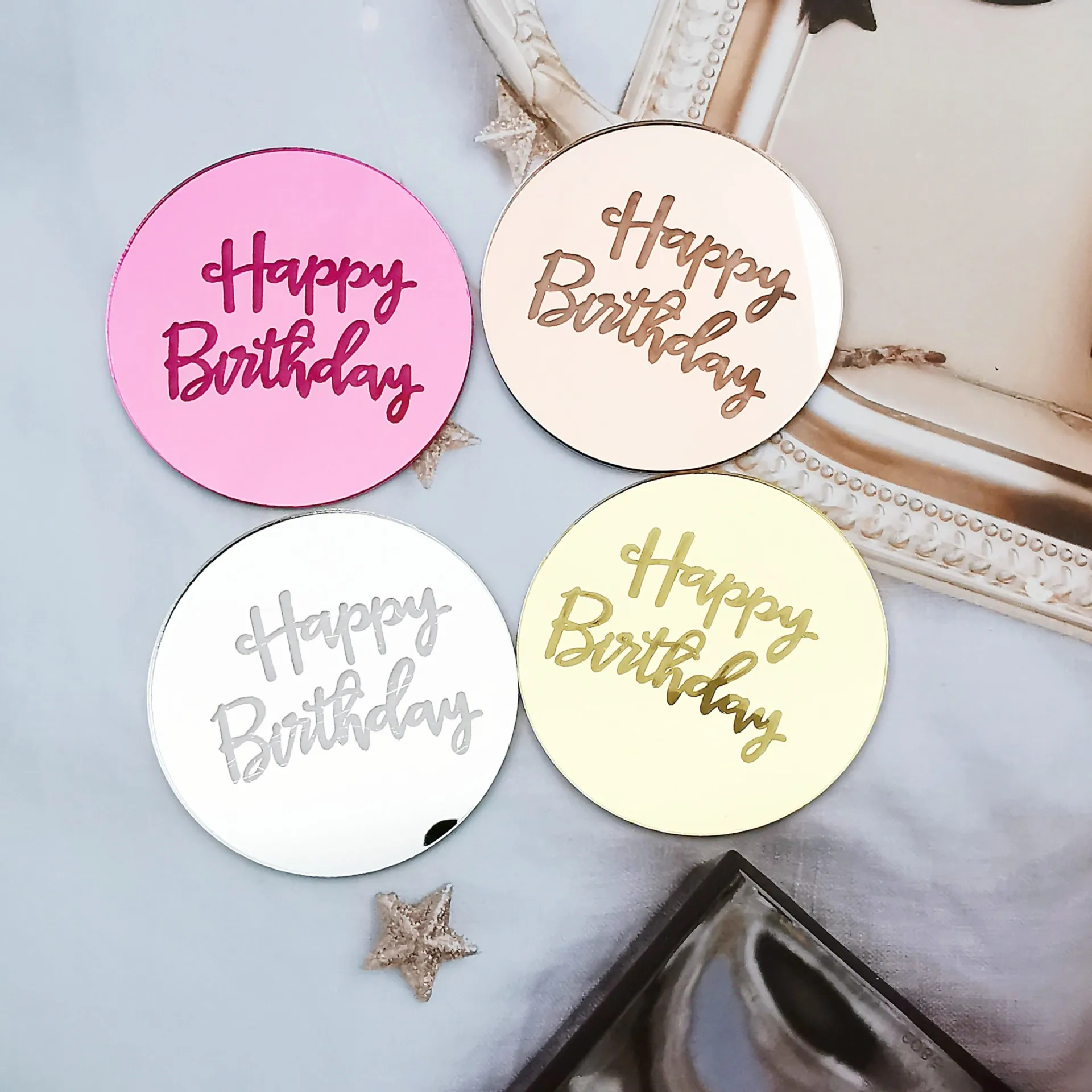 5PCS Circular Laser Marking Acrylic Happy Birthday Cake Decoration Party Favors Supplies Baking Decorating Tools Baby Shower