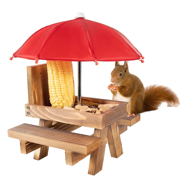 

Wooden Squirrel Feeder Bird Squirrel Feeder Creative Pet Dining Table With Bench Hanging Feeding Table Mini Umbrella Ornament