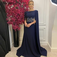 verngo women navy blue stretch satin long formal evening dresses scoop neck long cape applique beads floor length prom gowns