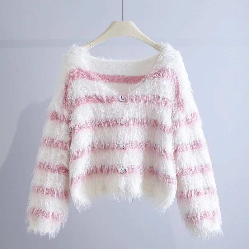 

Pink Grunge Fur Sweater Women'S Y2k Korean Warm Long Sleeve Knitted Cardigan Pullover Elegant Girls Knitwear Kawaii Jumpers Top