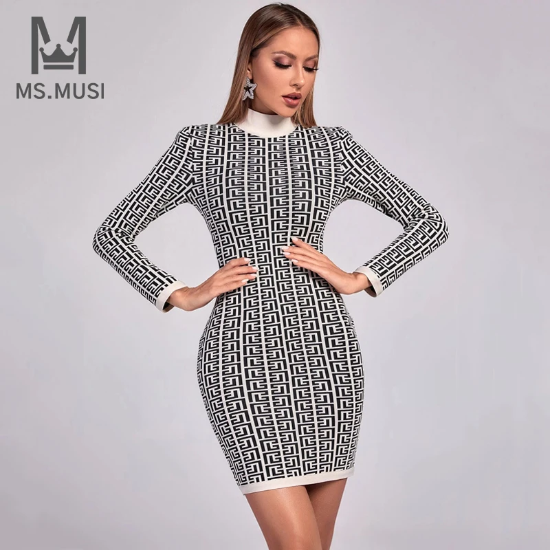 MSMUSI 2023 New Fashion Women Sexy Black O Neck Geometric Jacquard Weave Long Sleeve Bandage Party Club Bodycon Event Mini Dress