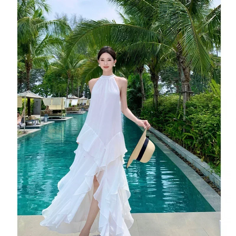 Платье с лямкой на шее и рюшами по краям летние каникулы женские пляжные брюки