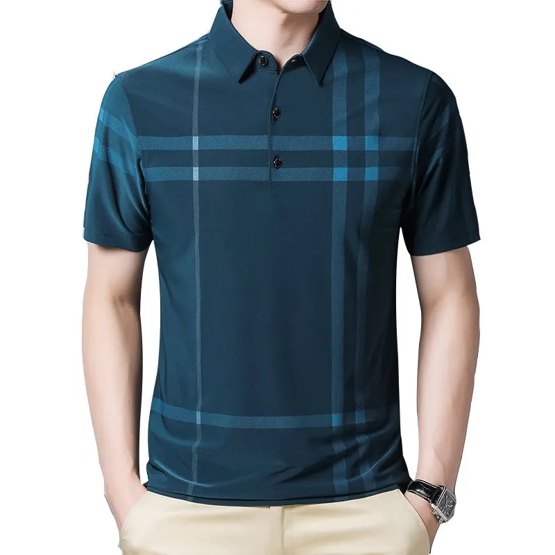 

Мужская тонкая летняя рубашка-поло из молочного шелка, с коротким рукавом и отложным воротником