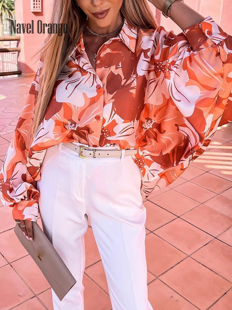 

Women Button Long Lantern Sleeve Cardigan Shirts Summer Print Straight Loungewear Sweatshirt Turn-Down Collar Blouses Streetwear