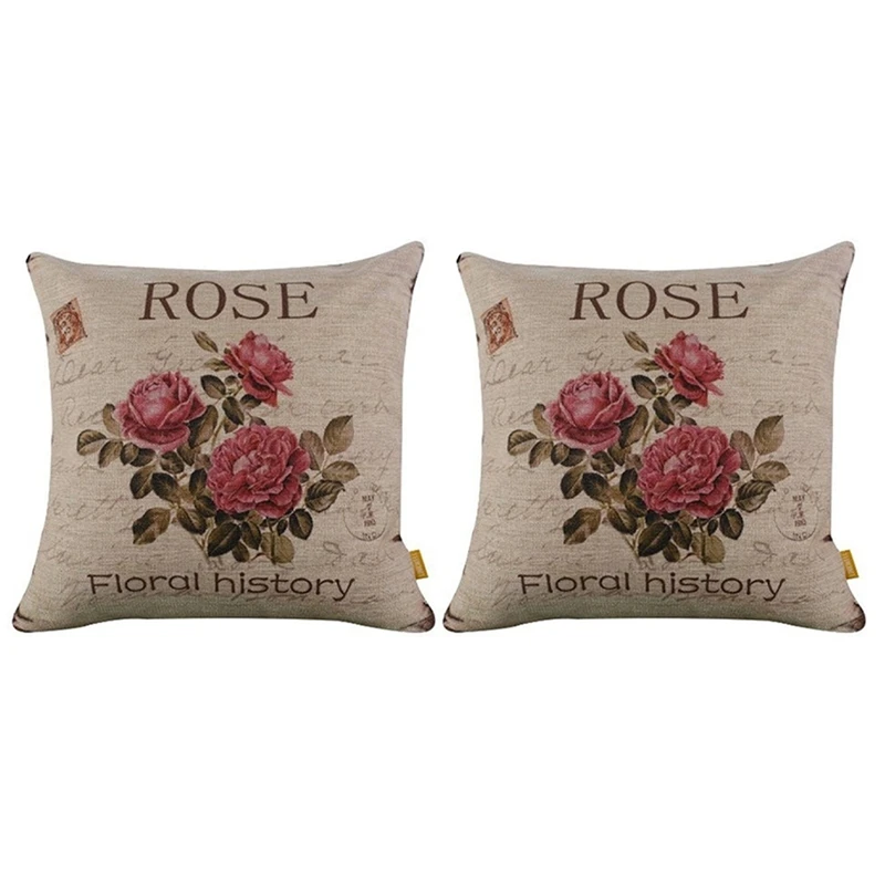 

2X Vintage Floral/Flower Flax Decorative Throw Pillow Case Cushion Cover Home Sofa Decorative(3 Roses)