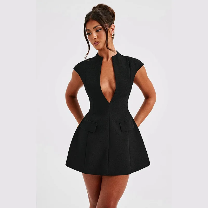 Deep V-shaped Dress New Slim fit Short dress Western Sle Sexy V Temperament Bag Cover Women