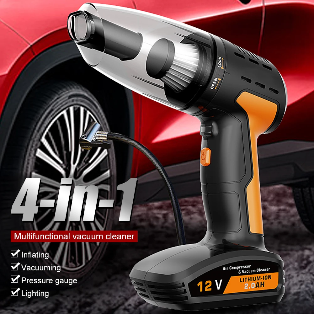 

Portable Car Vacuum Cleaner 4 In 1 6000Pa Cordless Interior Cleaner with LED Light Tire Pressure Gauge Inflator Auto Accessorie