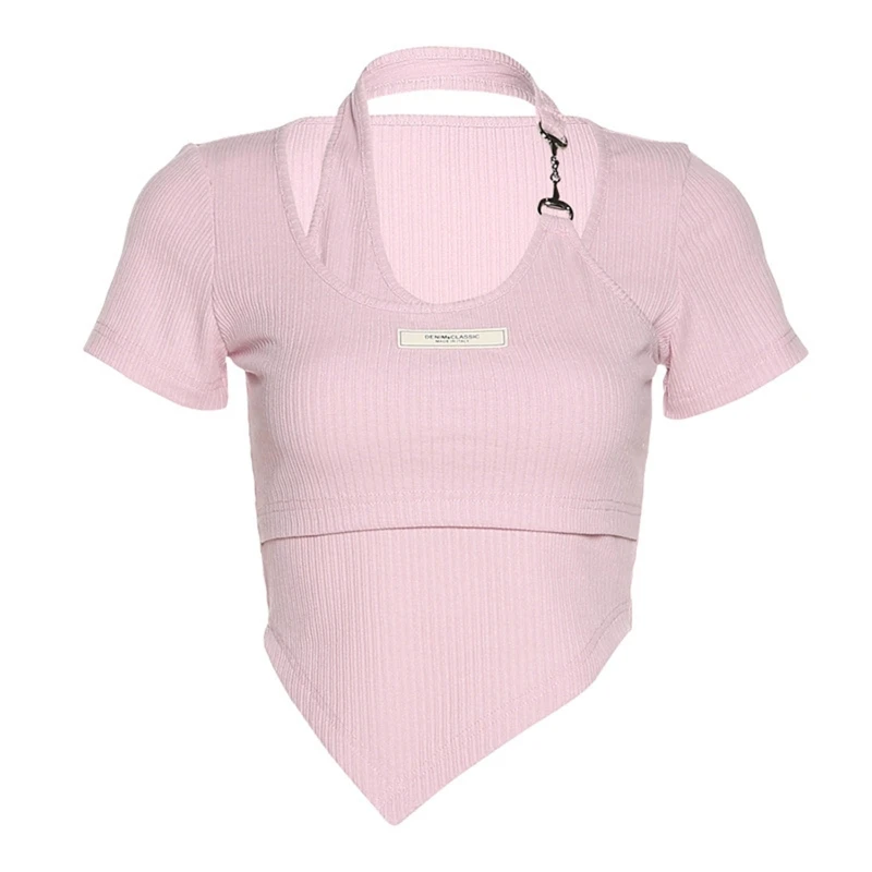 Short Sleeve T-Shirt Women Cute Halter Chain Patchwork Rib Knit Slim Crop Top