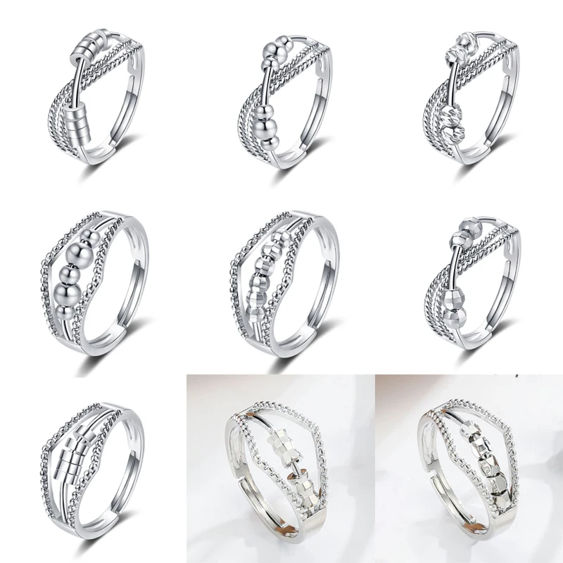 

LOADR 2022 New Simple Wave Point Anxiety Decompression Rotatable Women Rings Fashion Silver Opening Adjustment Party Finger Ring