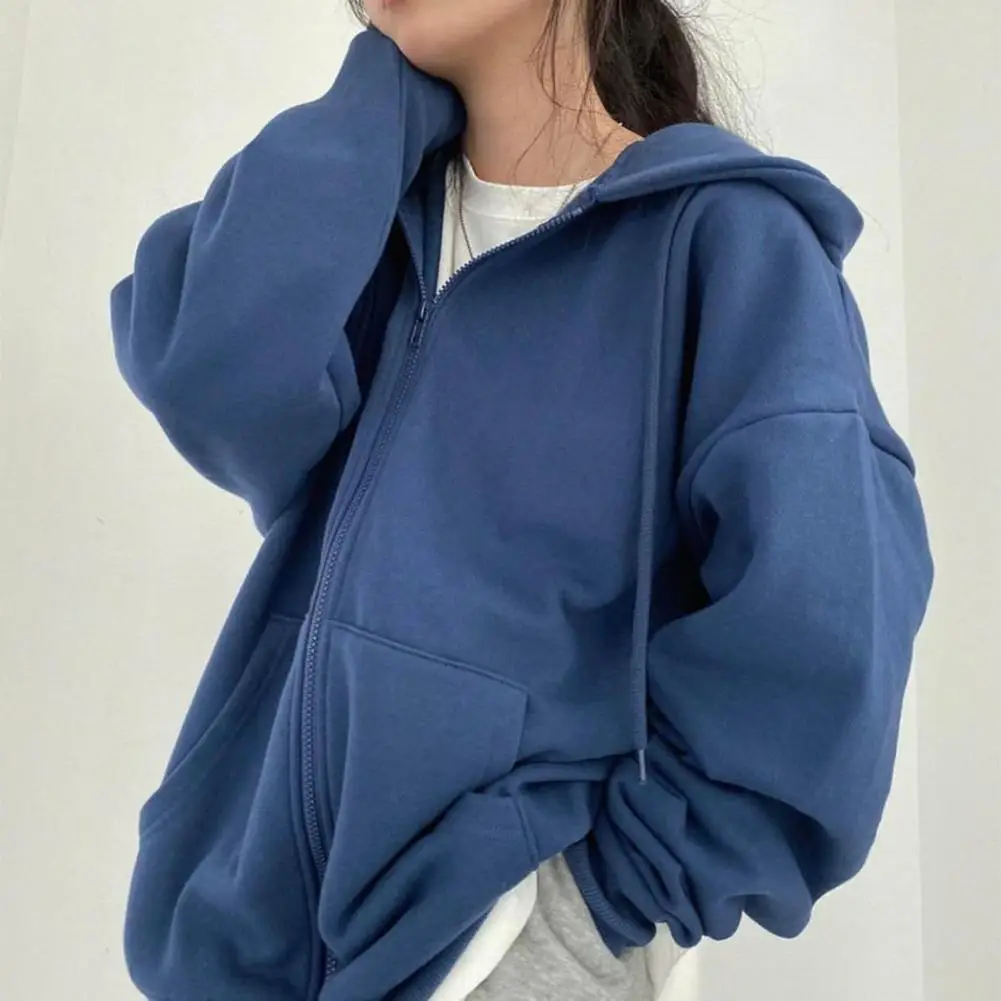 

Women Zip-up Hoodie Solid Color Coat Stylish Women's Winter Coat Zipper Closure Thick Hood Drawstring Pockets Stay Warm