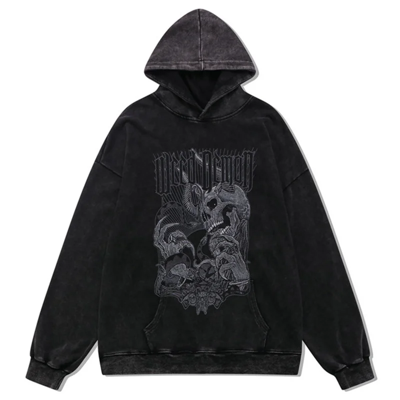 Streetwear Hip Hop Hoodie Oversized Skull Devil Printed Gothic Punk Hooded Sweatshirt 2023 Vintage Distressed Washed Hoodies