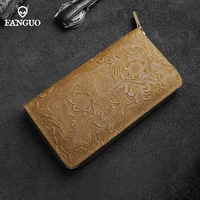 fanguo genuine leather clutch wallet retro coin purse long handbag with cell phone bags card holder clutch wallets pocket