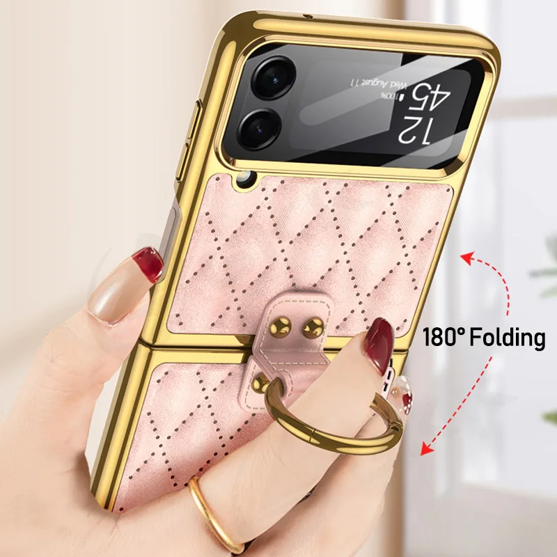 

GKK For Samsung Galaxy Z Flip 4 Case Diamond Leather Back Screen Glass Protection Cover For Galaxy Z Flip4 Plating Hard Case