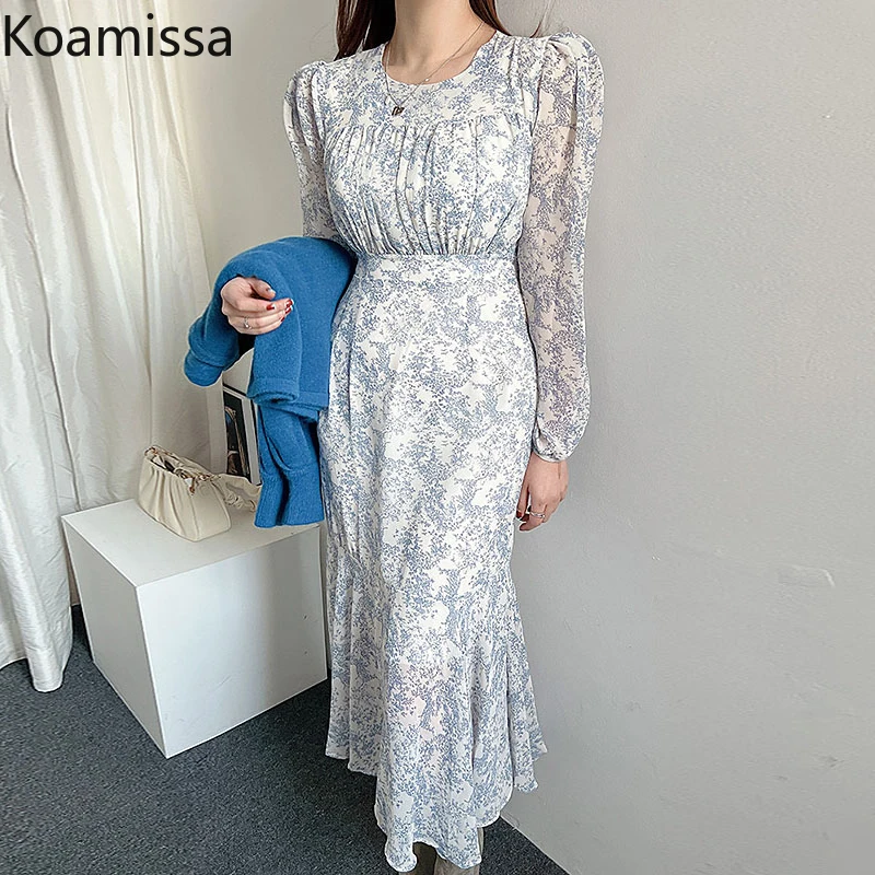 

Koamissa Spring Women's Puff Sleeve Long Dress 2022 New Vintage Floral Print Beach Dress Elegant Ruched O Neck Mermaid Vestidos