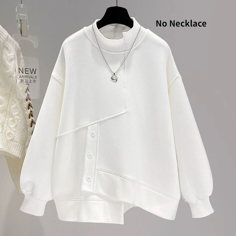 

QWEEK Kawaii Hoodies Women Harajuku Asymmetrical Pullover White Black Hoodie Oversize Korean No Necklace Long Sleeve Thin Autumn