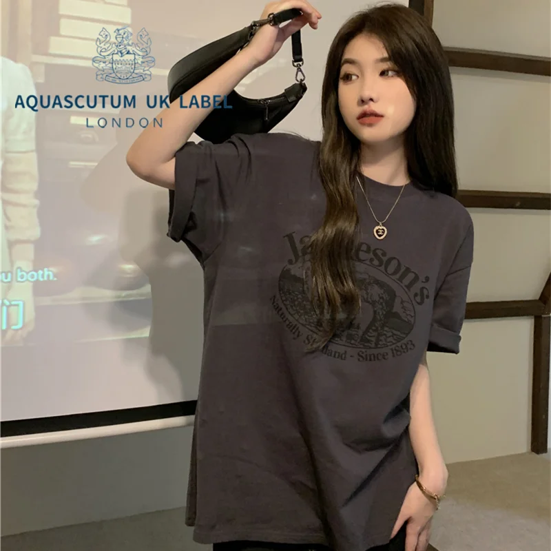 

Футболка с коротким рукавом Aquascutum n, женская летняя серая Свободная Повседневная дизайнерская нишевая куртка с круглым вырезом и надписью