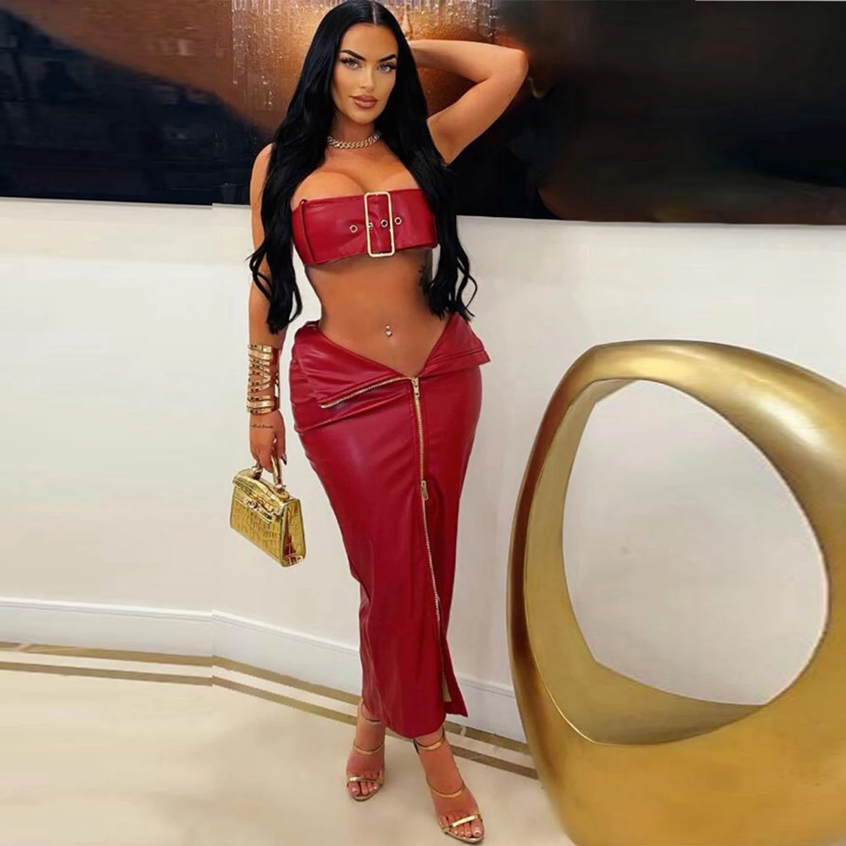 

Wishyear Sexy Faux PU Leather Co Ord Set Crop Top and Zipper Skirt 2 Piece Dress Sets for Women Birthday Club Matching Outfit