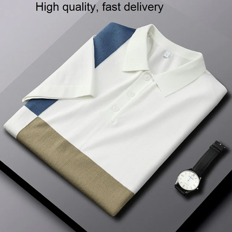 

end fashion High color matching knitted T-shirt men's Lapel top 2023 summer new luxury breathable ice silk short sleeve t-shirt