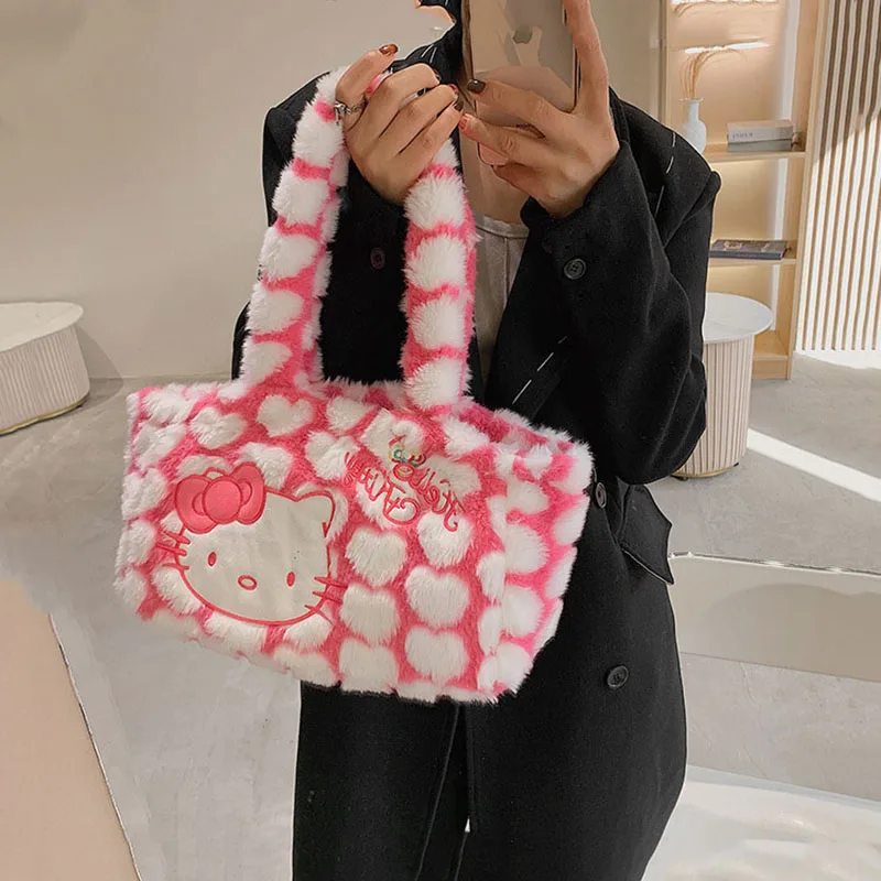 

Sanrio Hello Kittys Kawaii Handbag Soft and Comfortable Large-Capacity Storage Bag Autumn and Winter Cute Plush Messenger Bag