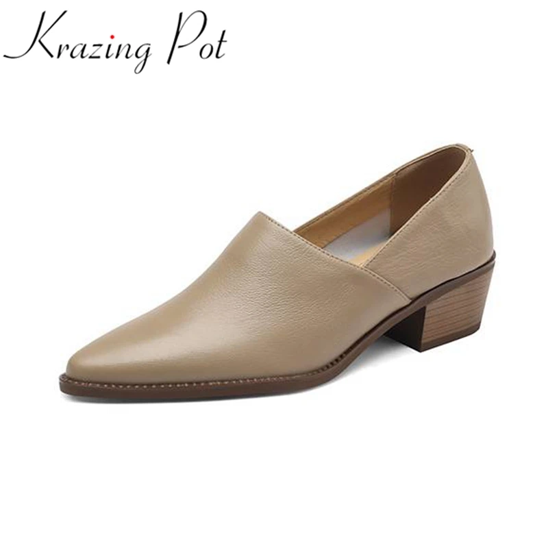 

Krazing Pot Sheep Leather Thick Med Heels Mature Lady Size 43 Pointed Toe Women Slip On Deep Mouth Autumn Shoes Gorgeous Pumps