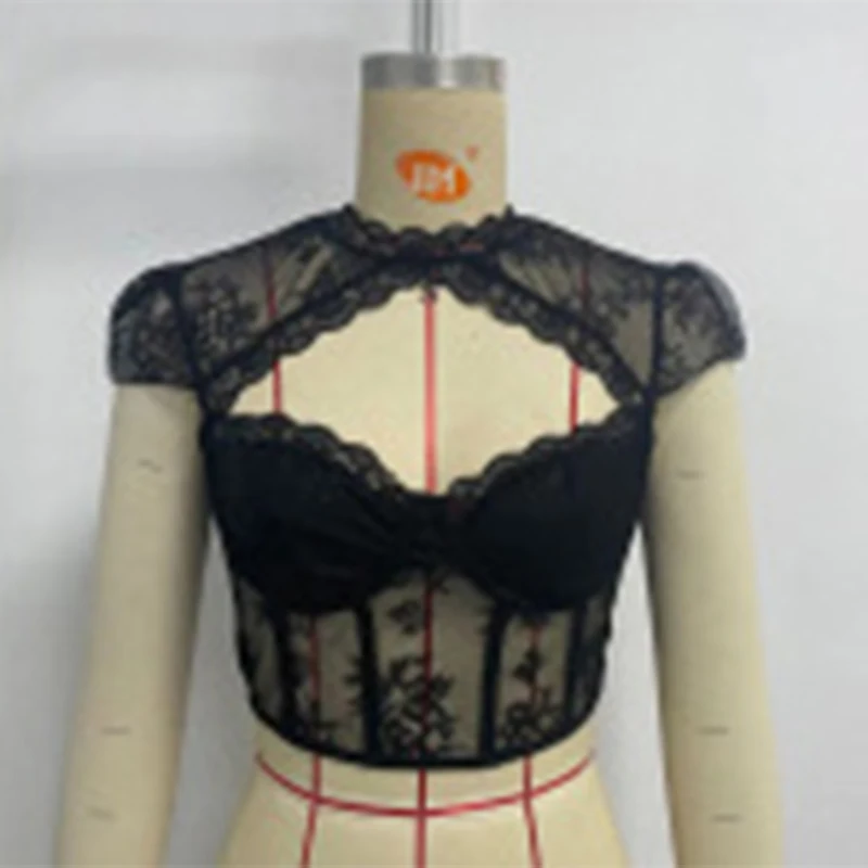 Сексуальная полая кружевная женская майка со стальным кольцом рыбий кость Slim Fit с