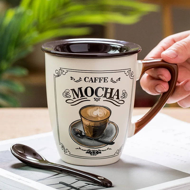 

Vintage Ceramic 355ml Classic Mocha Latte Espresso Printing Cooffee Mug Water Milk Tea Cup with Lid Spoon Drinkware Set
