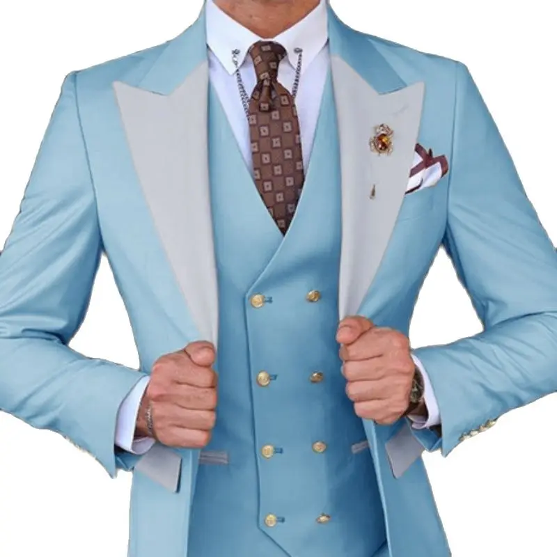 

Light Blue Groom Tuxedos Men Suit 3 Piece Slim Fit Best Man Wedding Party Suits Tailor Made Custome Homme( Blazer+Vest+Pants )