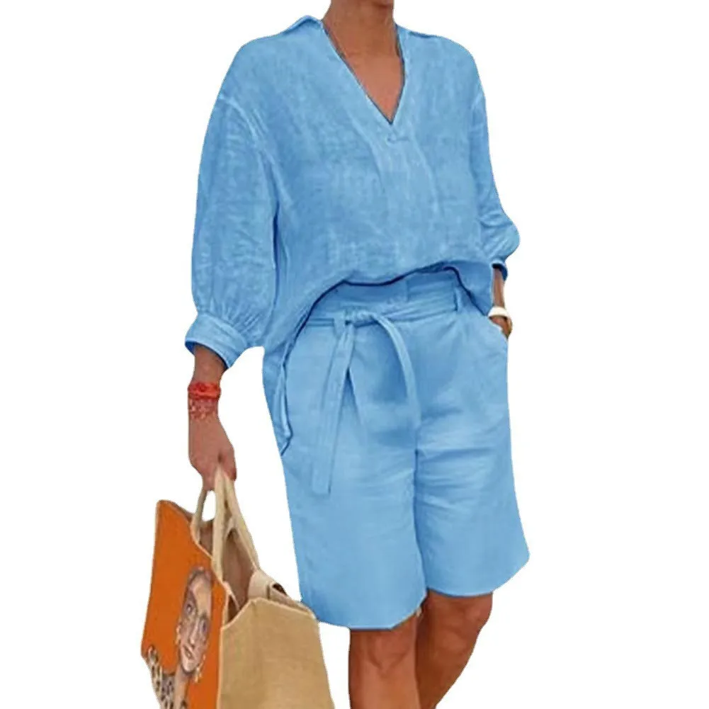 Весенне-летний хлопково-льняной наряд рубашка с длинным рукавом женский костюм