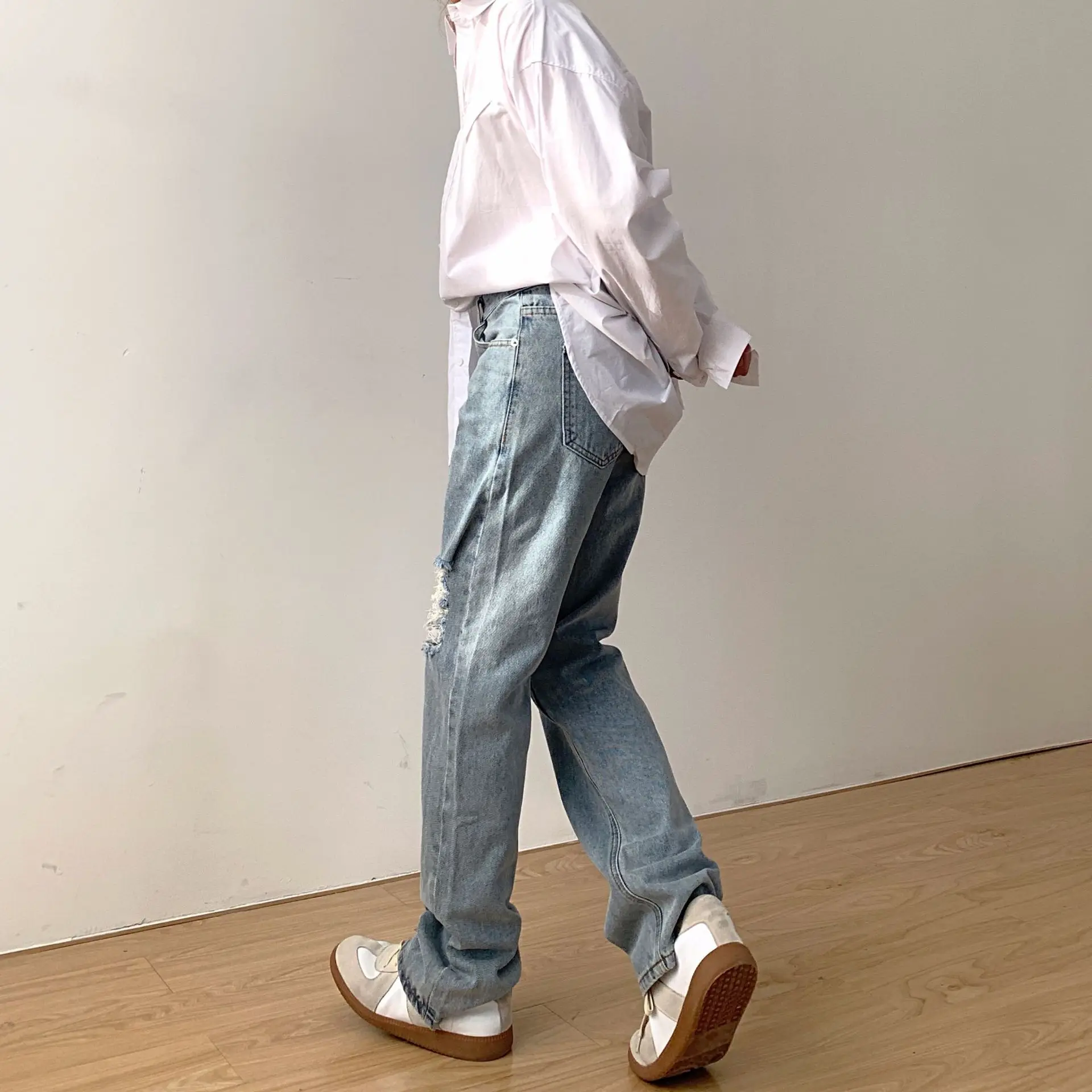 Washed and Old Ripped Solid Color Men's Jeans Y2k Pants Men's Trend Light-colored Loose Straight Mopping Trousers Men Clothing