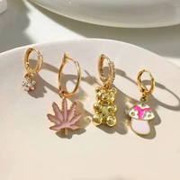2022 trendy zircon golden bear enamel mushroom drop earrings set for women girls shiny crystal flower dangle earring y2k jewelry