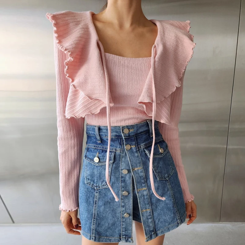 

Корейский шикарный короткий кардиган на шнуровке в стиле ретро с оборками + облегающий приталенный жилет на бретелях для женщин из двух предметов