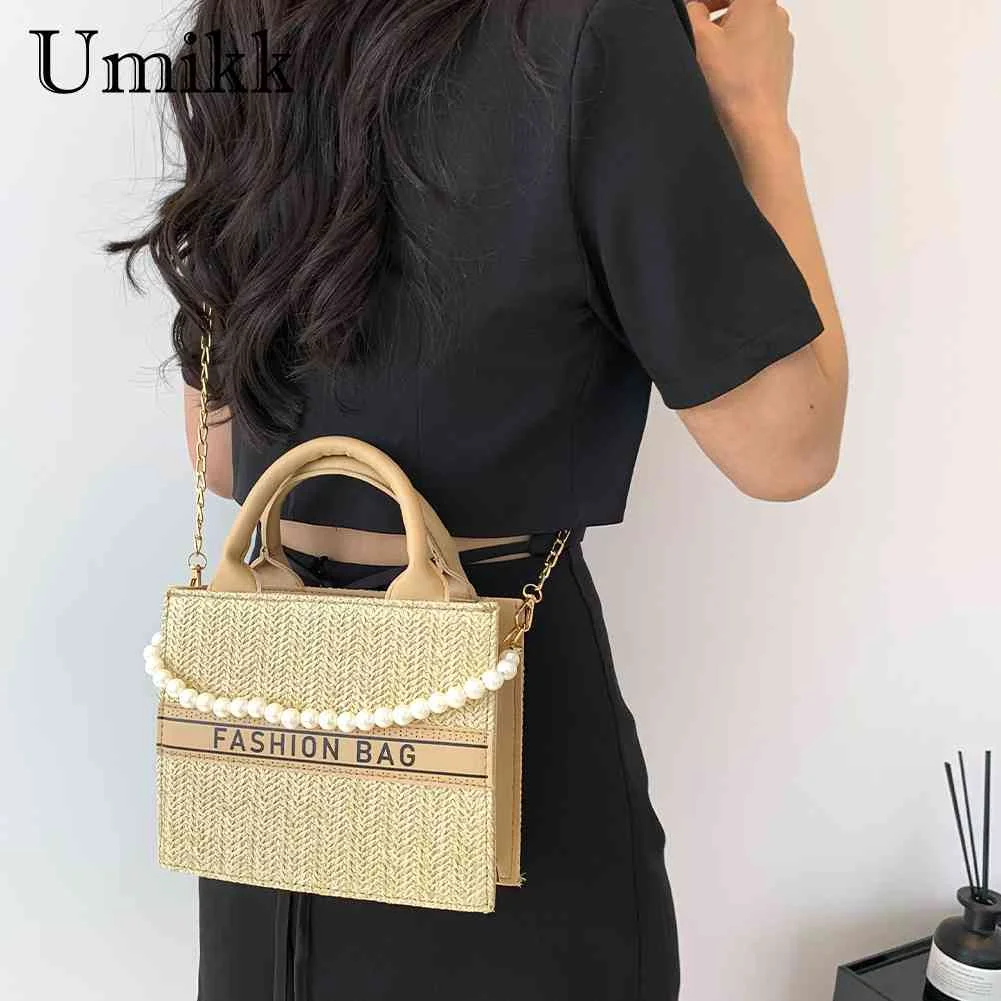 

Модная соломенная сумка 2023, простая женская сумка, подходящая ко всему сумка с верхней ручкой, украшенная жемчугом маленькая квадратная сумка через плечо с цепочкой
