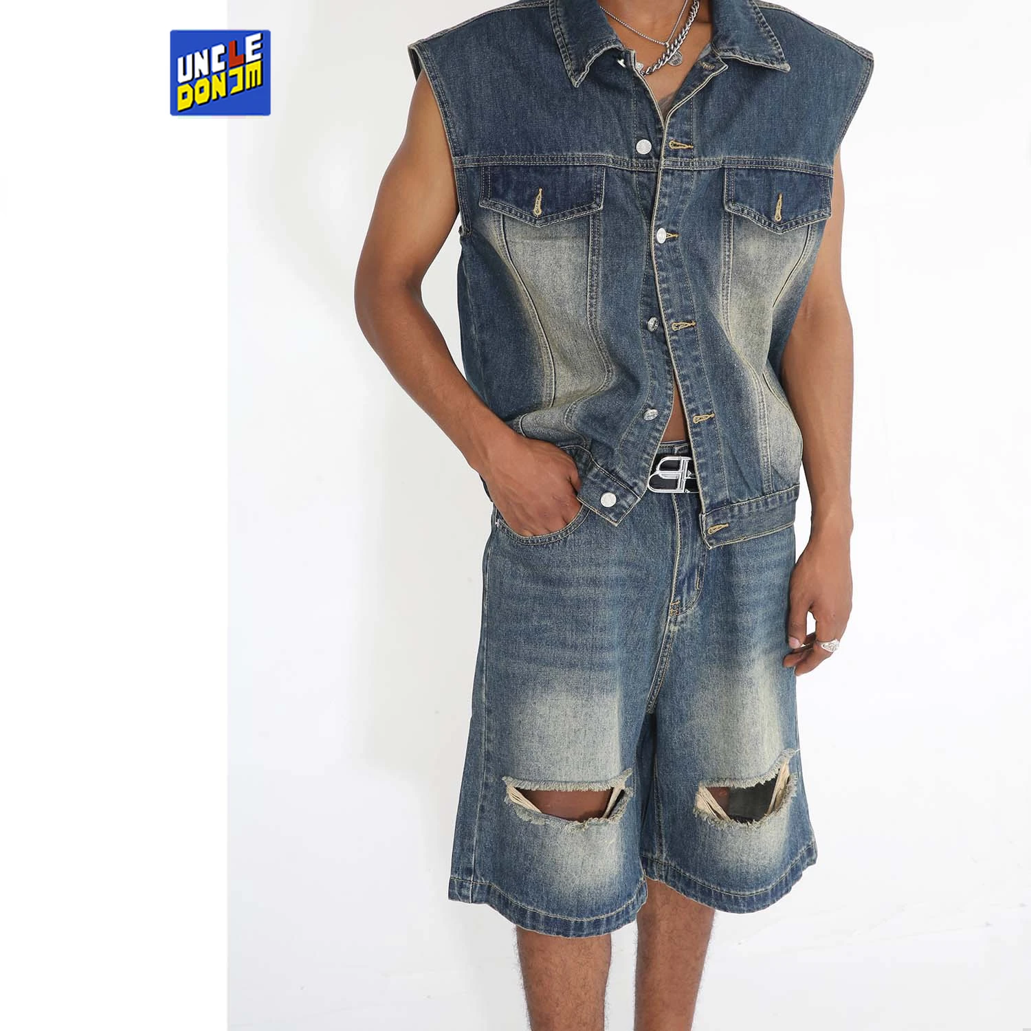 

Denim Set Personalized Vest Perforated Shorts Men Clothes Sleeveless Denim Vest and Shorts 2 Piece Set