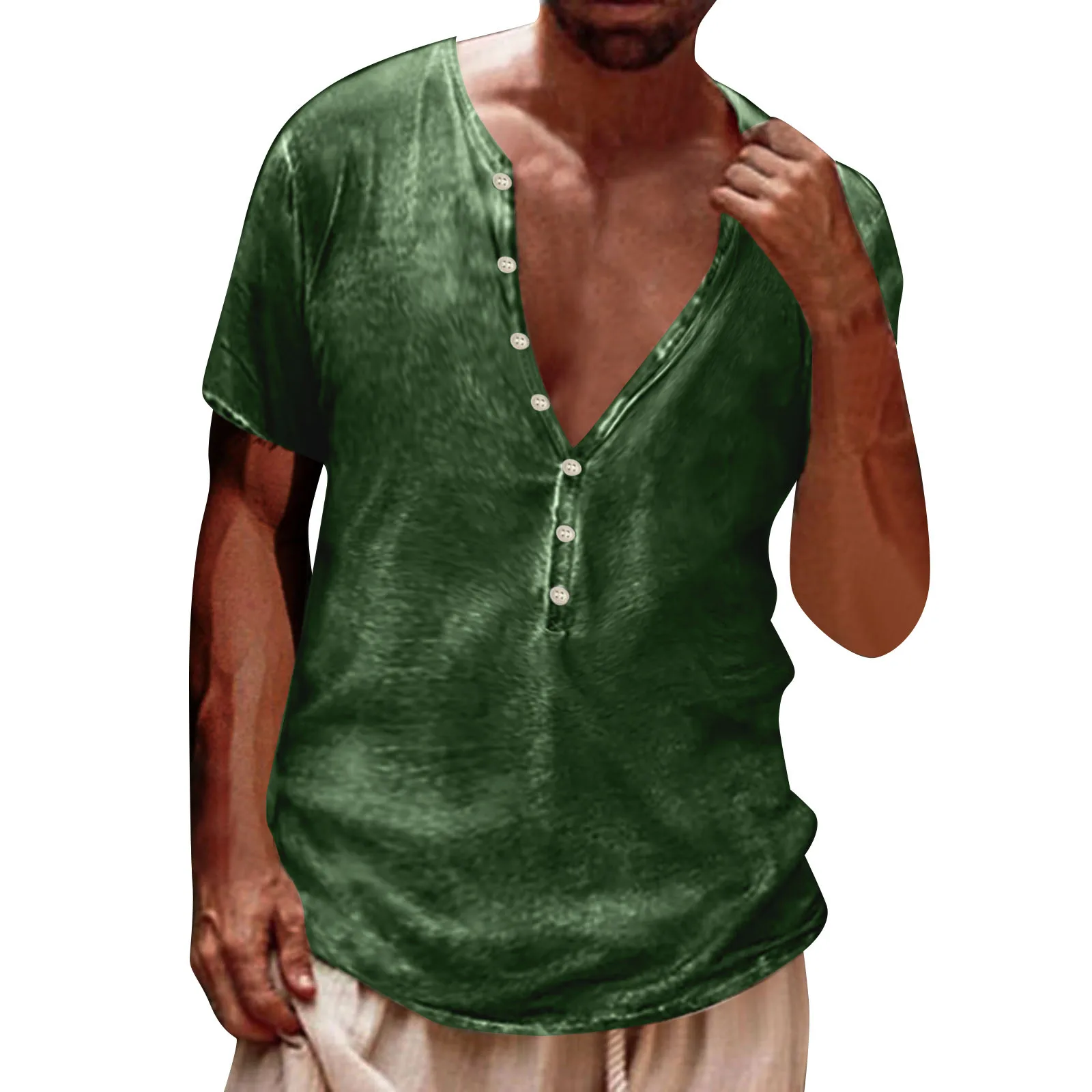 

Винтажная Мужская рубашка с V-образным вырезом, летняя зеленая футболка с коротким рукавом, топы, одежда 2022