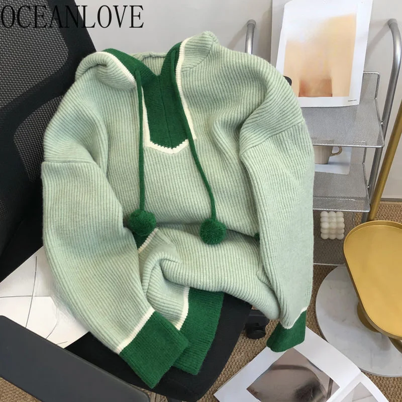 

Hooded Women Sweaters Contrast Color Preppy Style Autumn Winter Retro Jerseys Korean ashion Thick Warm Pullovers